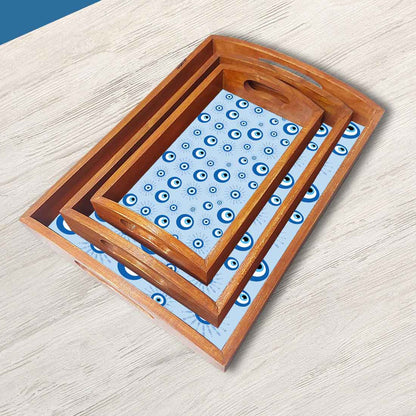 Wooden Tray Service Set of 3 for Dining and Kitchen Use Evil Eye