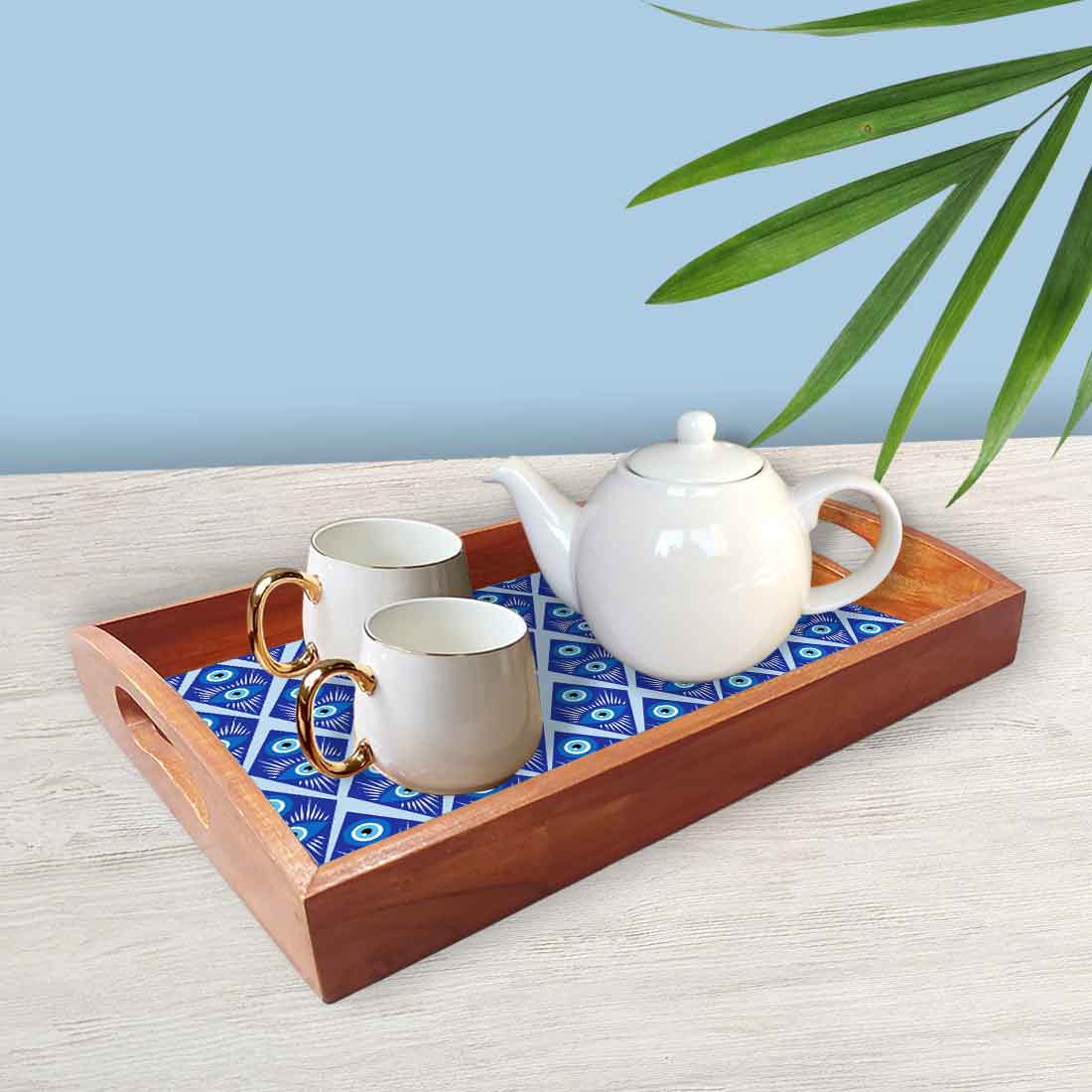 Wooden Tea Serving Tray with Handle Set of 3 Evil Eye