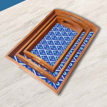 Wooden Tea Serving Tray with Handle Set of 3 Evil Eye