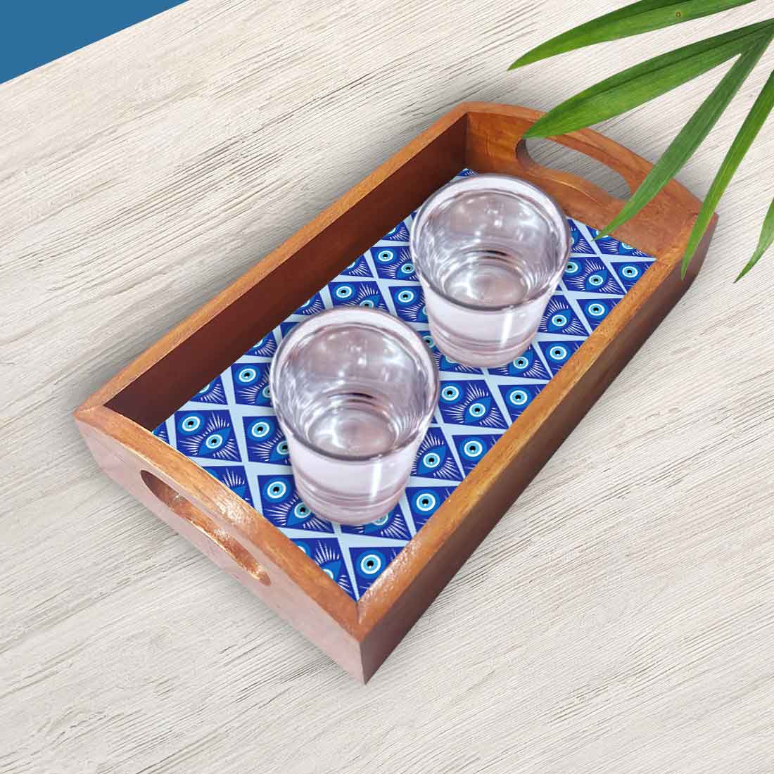 Wooden Tea Serving Tray with Handle Set of 3 Evil Eye
