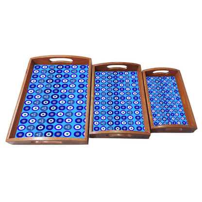 Evil Eye Wooden Tray Set of 3 Nesting Trays for Serving Snacks