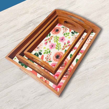 Rectangular Wooden Coffee Table Trays with Handle Set of 3 Designer Trays