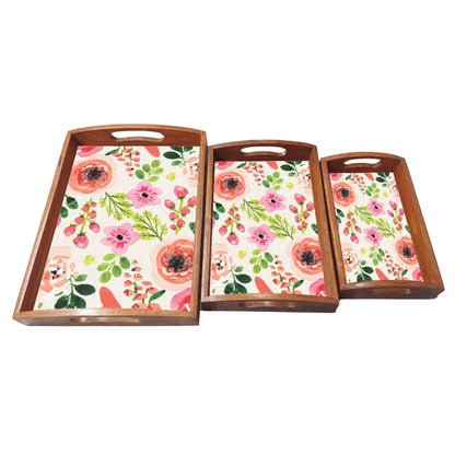 Rectangular Wooden Coffee Table Trays with Handle Set of 3 Designer Trays