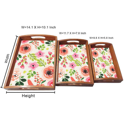 Rectangular Wooden Coffee Table Trays with Handle Set of 3 Designer Trays