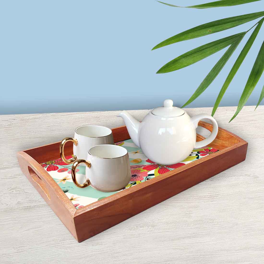 Wooden Serving Tray Set of 3 Nesting Trays Stackable Platters - Stripe