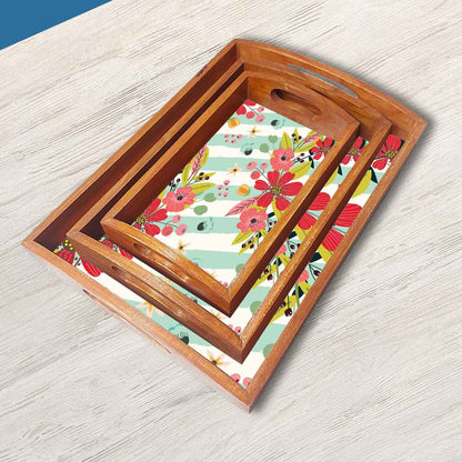 Wooden Serving Tray Set of 3 Nesting Trays Stackable Platters - Stripe