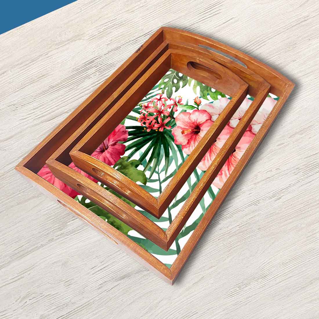 Rectangular Shaped Wooden Coffee Serving Tray Set of 3 - Hibiscus