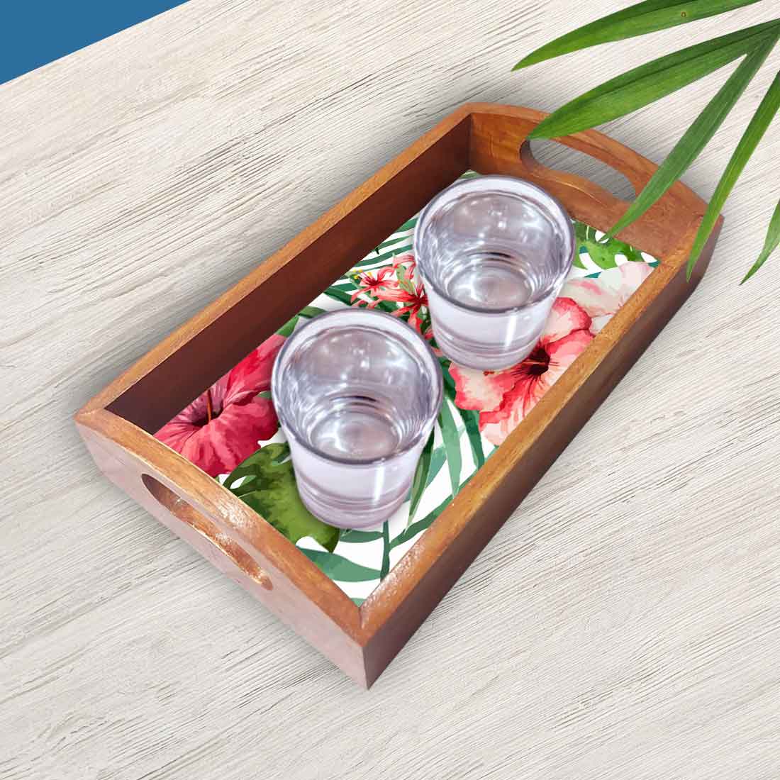 Rectangular Shaped Wooden Coffee Serving Tray Set of 3 - Hibiscus