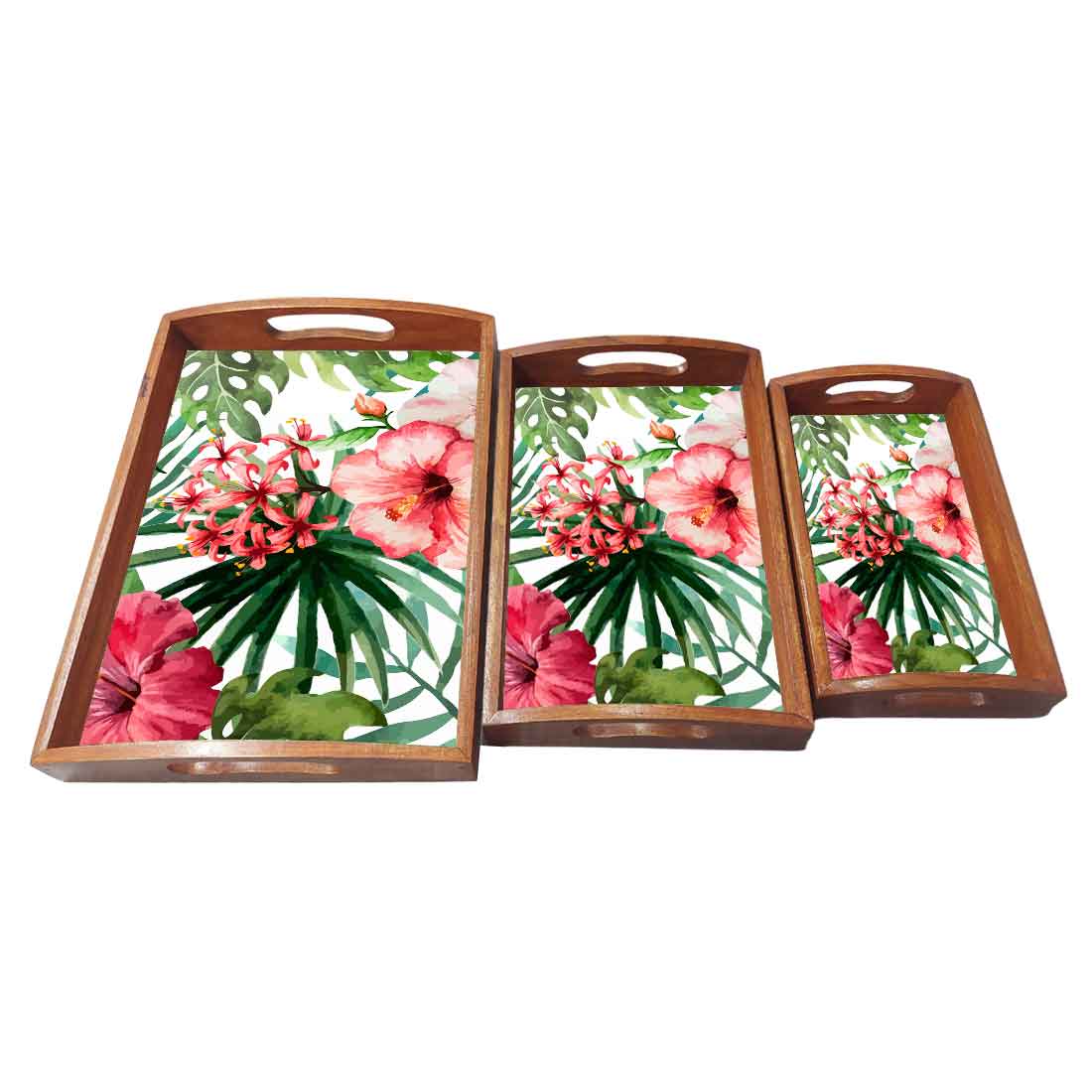 Rectangular Shaped Wooden Coffee Serving Tray Set of 3 - Hibiscus