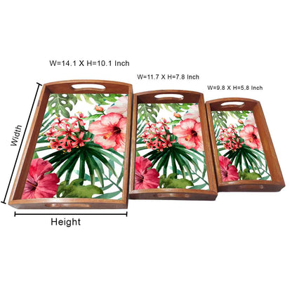 Rectangular Shaped Wooden Coffee Serving Tray Set of 3 - Hibiscus