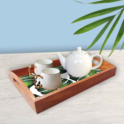 Wooden Serving Tray for Kitchen with Cut Out Handle Set of 3 - Leaf