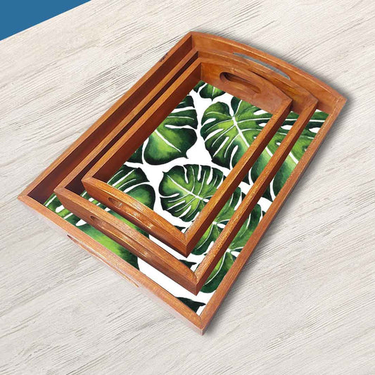 Wooden Serving Tray for Kitchen with Cut Out Handle Set of 3 - Leaf