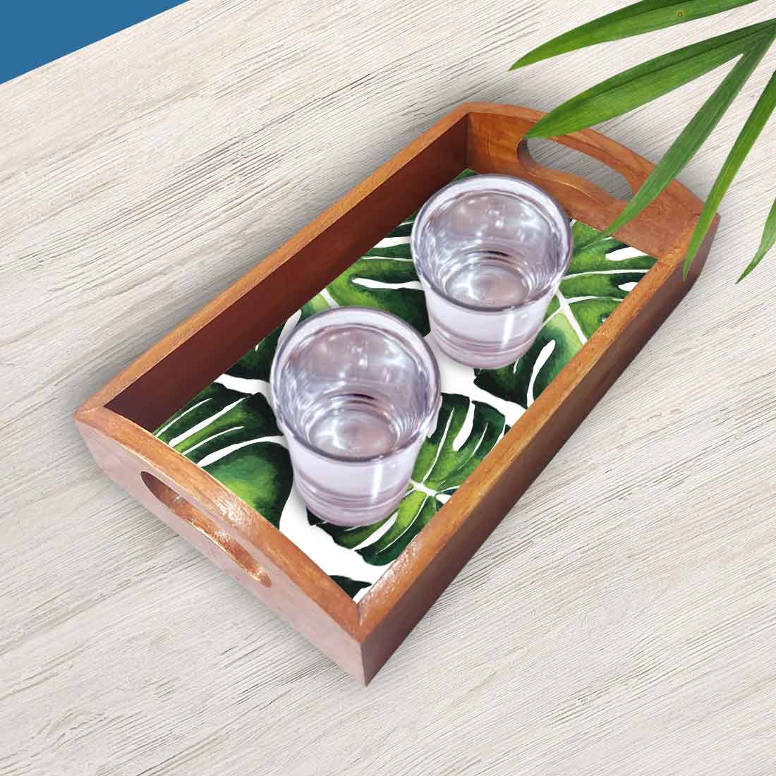 Wooden Serving Tray for Kitchen with Cut Out Handle Set of 3 - Leaf