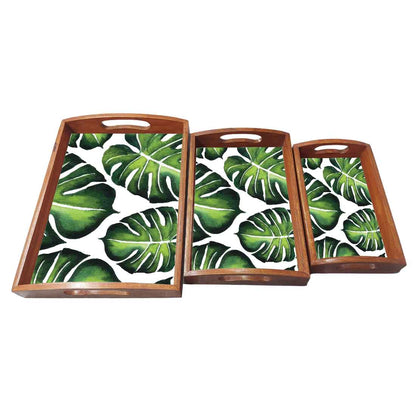 Wooden Serving Tray for Kitchen with Cut Out Handle Set of 3 - Leaf