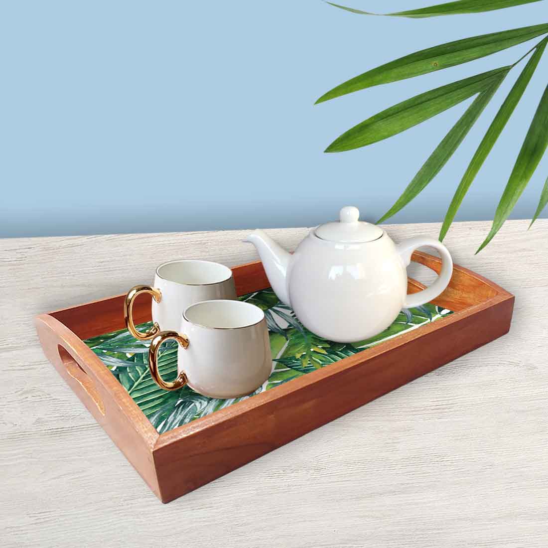 Wooden Tea Tray for Serving Set of 3 Designer Trays - Monstera Leaf