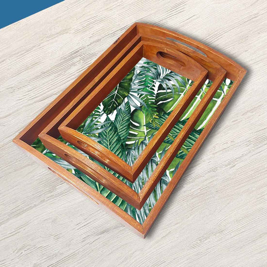Wooden Tea Tray for Serving Set of 3 Designer Trays - Monstera Leaf