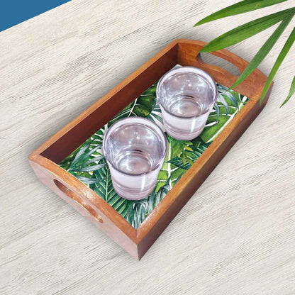 Wooden Tea Tray for Serving Set of 3 Designer Trays - Monstera Leaf