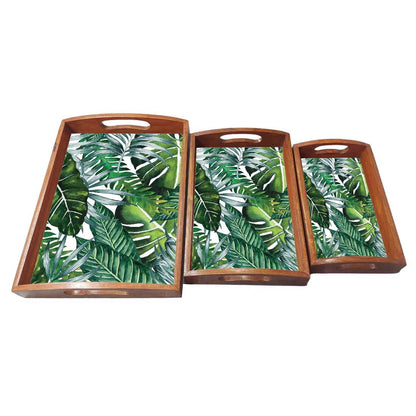 Wooden Tea Tray for Serving Set of 3 Designer Trays - Monstera Leaf