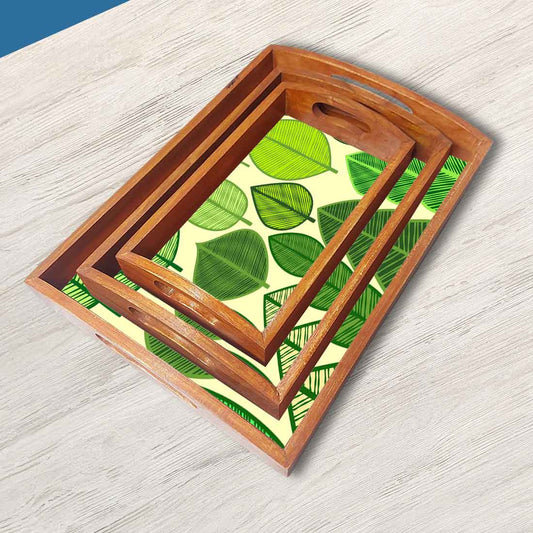 Wooden Decorative Serving Trays Set of 3 for Tea Coffee - Green Leaf