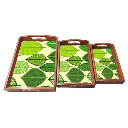 Wooden Decorative Serving Trays Set of 3 for Tea Coffee - Green Leaf