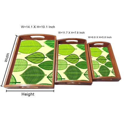 Wooden Decorative Serving Trays Set of 3 for Tea Coffee - Green Leaf