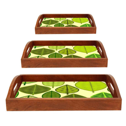 Wooden Decorative Serving Trays Set of 3 for Tea Coffee - Green Leaf