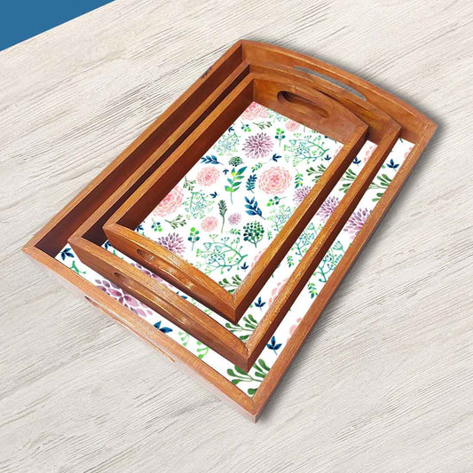 Wooden Kitchen Trays with Handles Set of 3 for Tea Coffee Serving