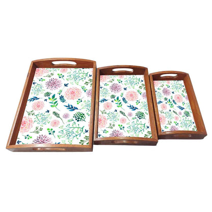 Wooden Kitchen Trays with Handles Set of 3 for Tea Coffee Serving