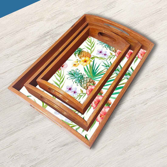 Wooden Tray Service with Handle Set of 3 Designer Trays - Pineapple
