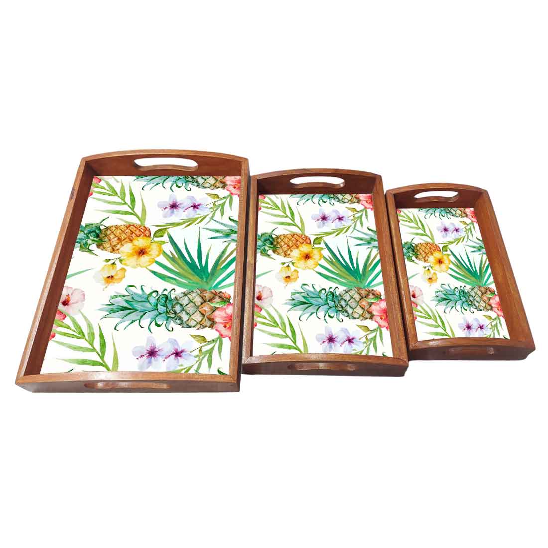 Wooden Tray Service with Handle Set of 3 Designer Trays - Pineapple