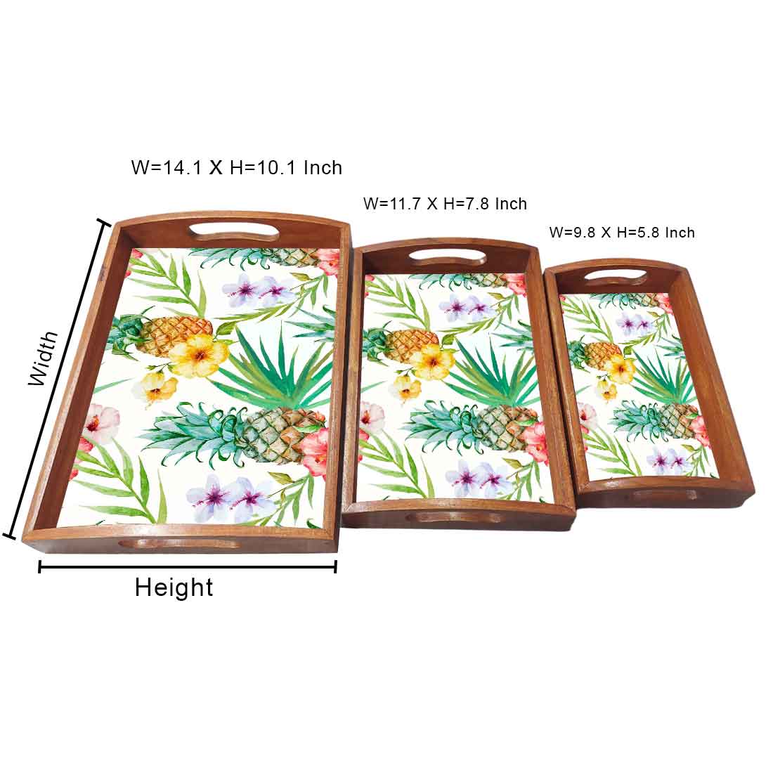 Wooden Tray Service with Handle Set of 3 Designer Trays - Pineapple