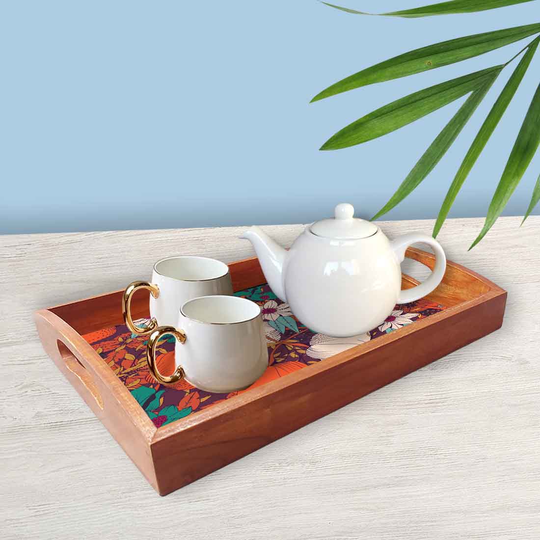 Wooden Serving Tray Platter for Home and Kitchen Use - Flower