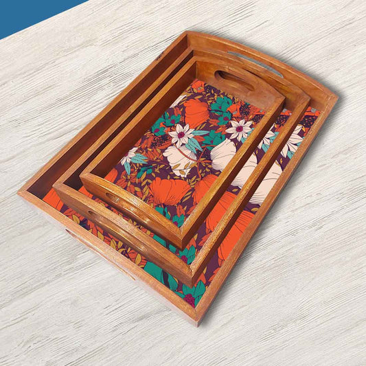 Wooden Serving Tray Platter for Home and Kitchen Use - Flower