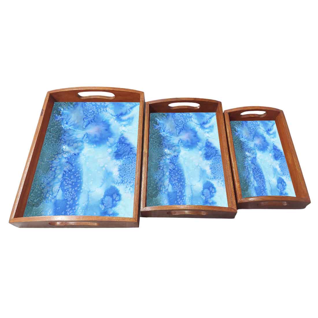 Wooden Rectangular Tray with Handles Set of 3 for Tea Coffee Serving
