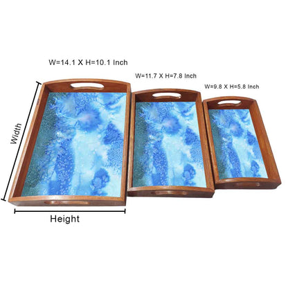 Wooden Rectangular Tray with Handles Set of 3 for Tea Coffee Serving