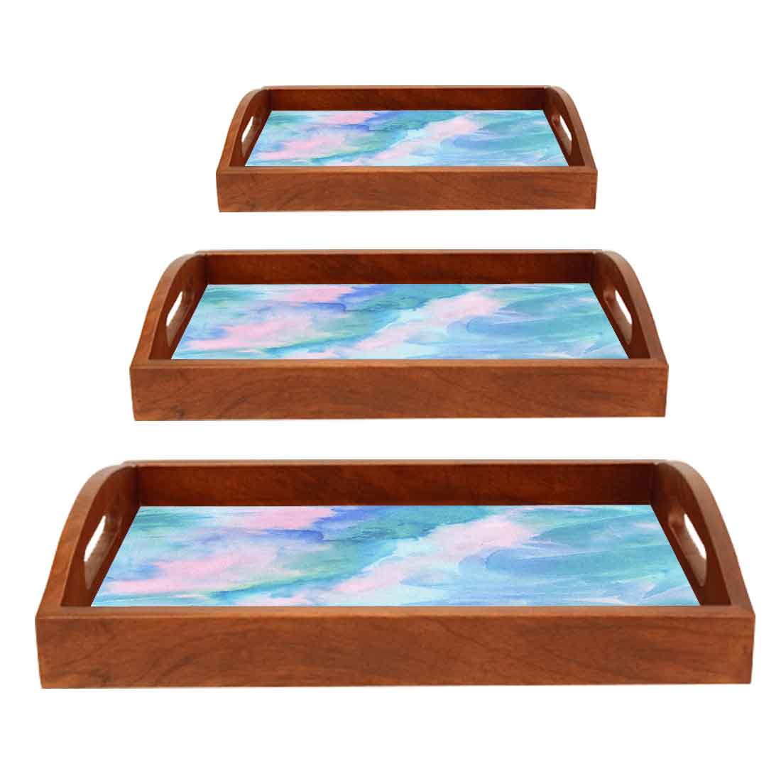 Wooden Serving Tray with Handle Set of 3 Designer Trays