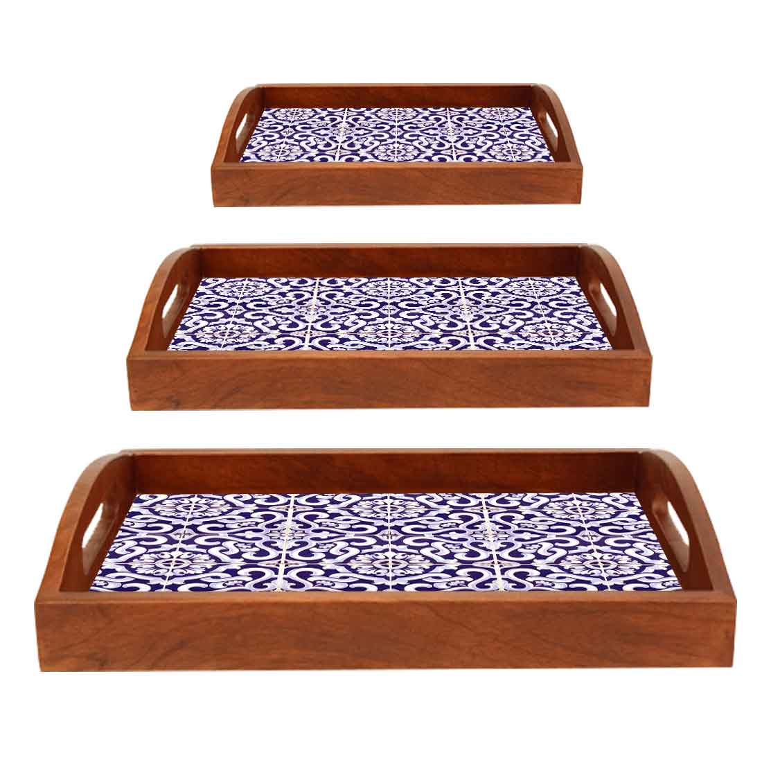 Designer Wooden Food Serving Tray with Handle Set of 3 