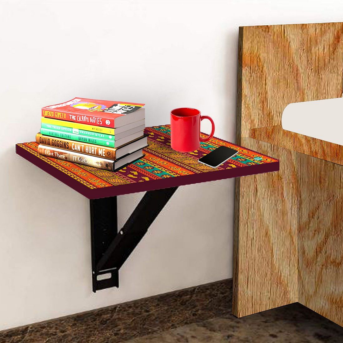 Floating Bedside Laptop Table for Bedroom - Aztec Orange Green Pattern Nutcase