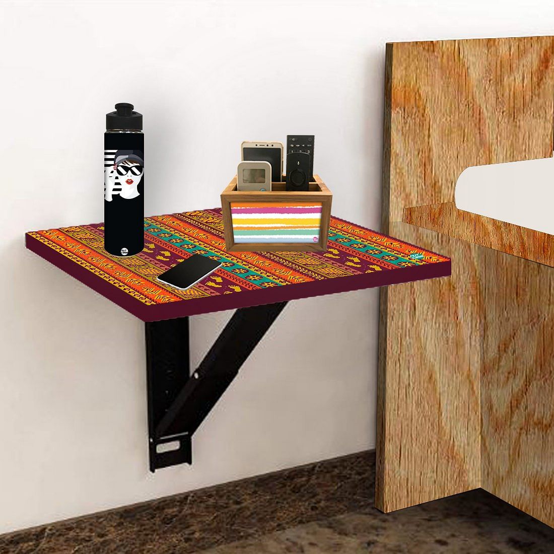 Floating Bedside Laptop Table for Bedroom - Aztec Orange Green Pattern Nutcase