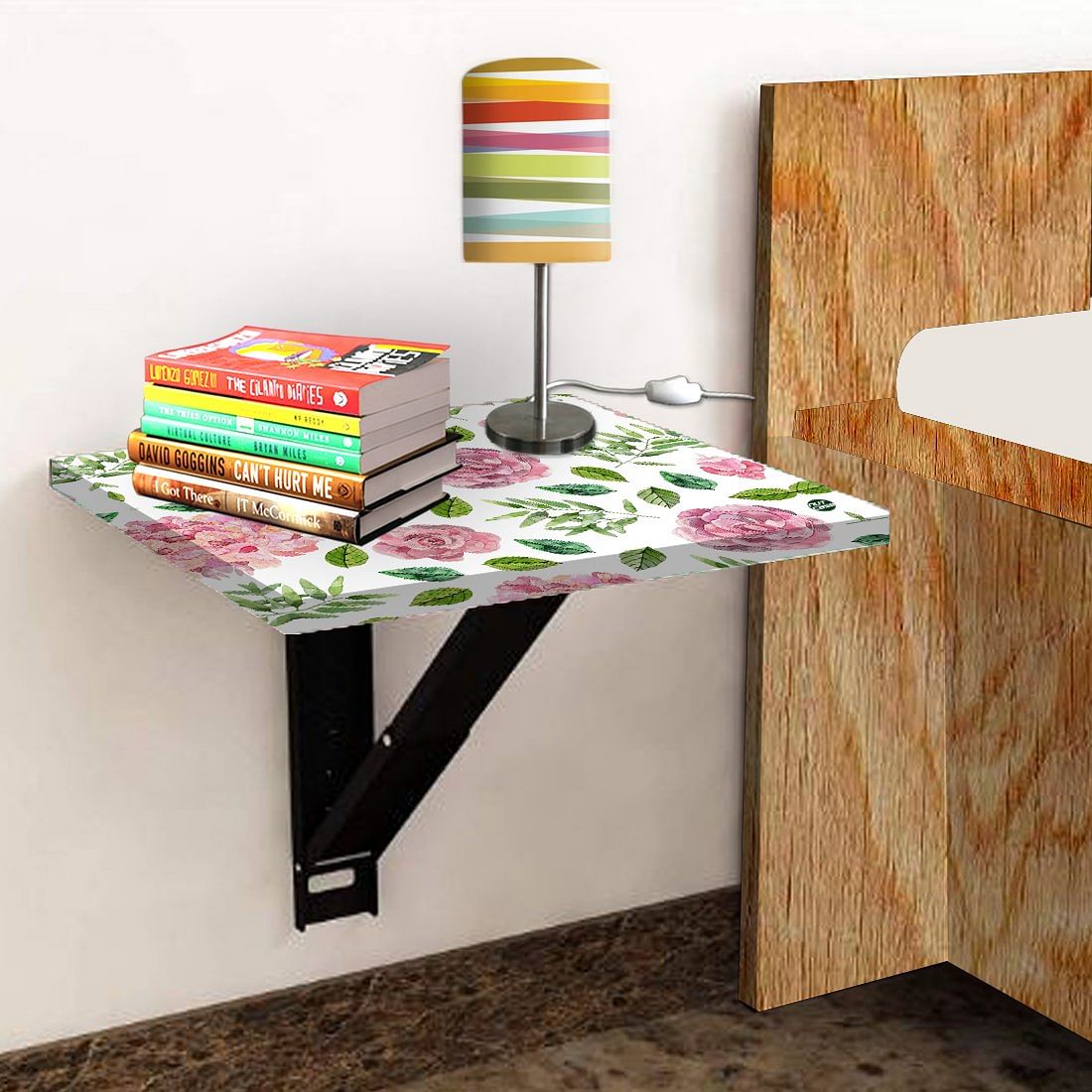 Folding Wall Mount Bedside Table - Floral Designer Nutcase