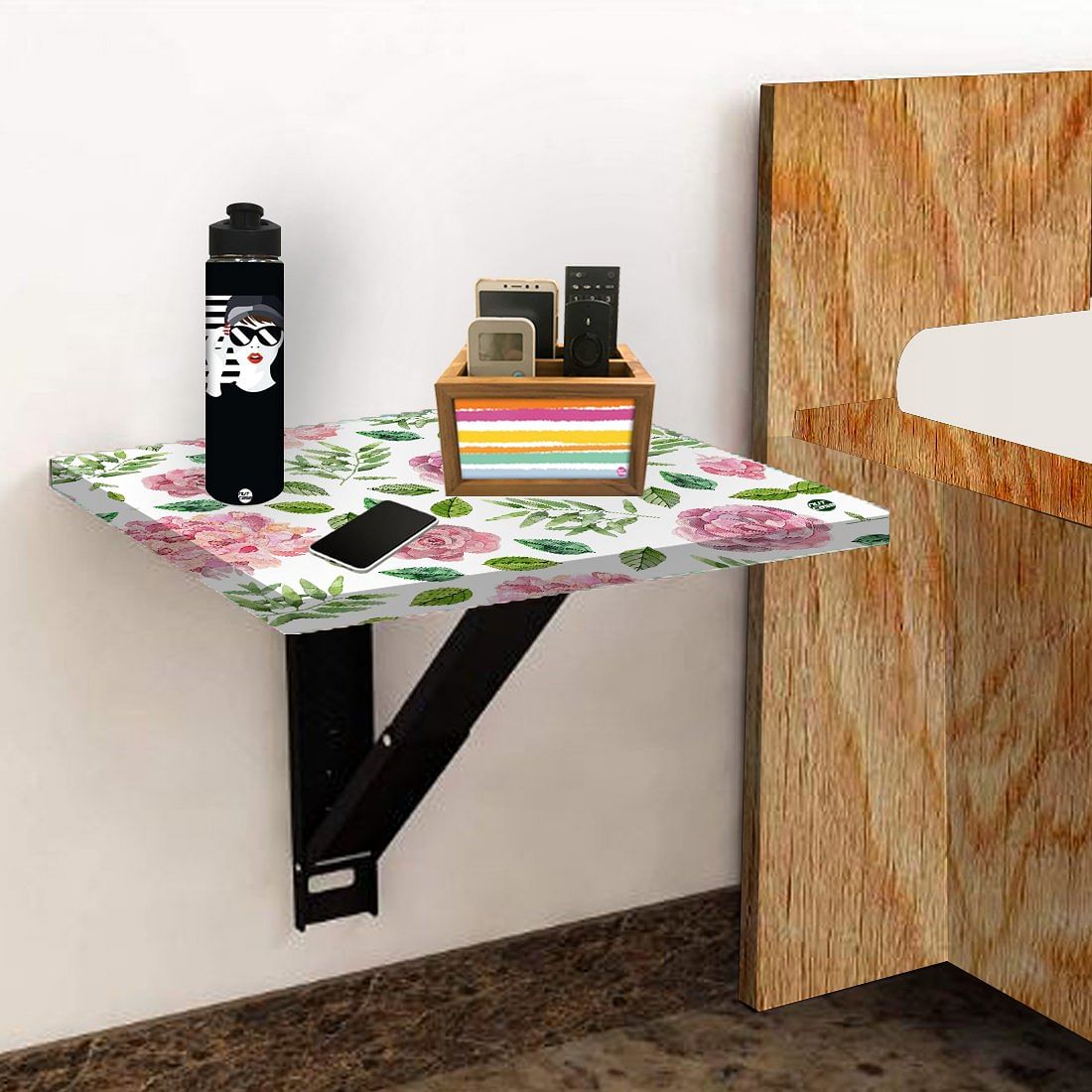 Folding Wall Mount Bedside Table - Floral Designer Nutcase