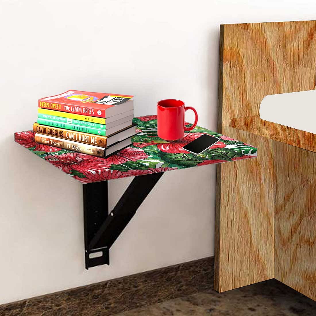 Floating Side Table for Bedroom - Red Hibiscus Nutcase