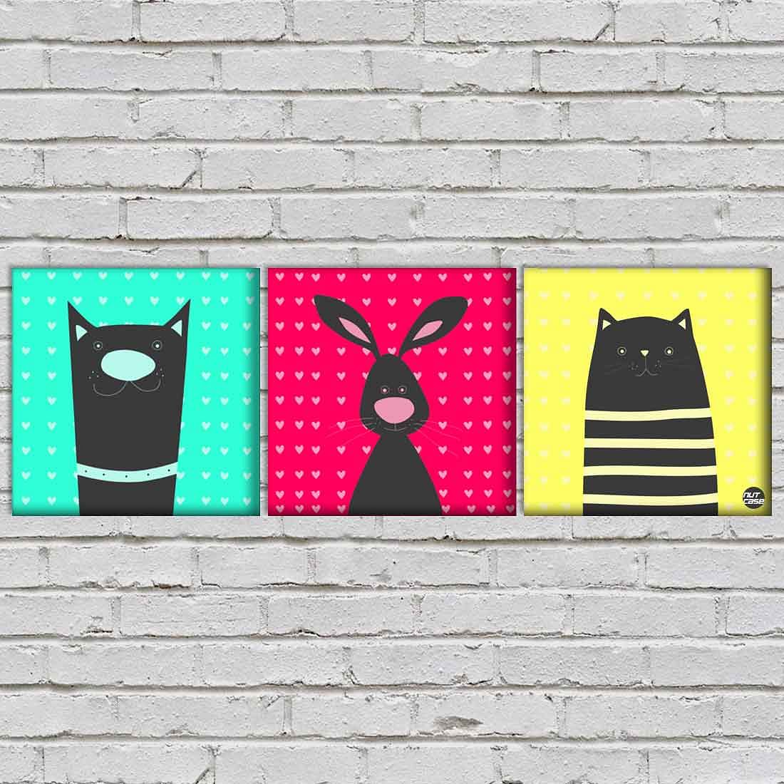 Wall Art Decor Hanging Panels Set Of 3 -Cute Pink Rabbit Nutcase