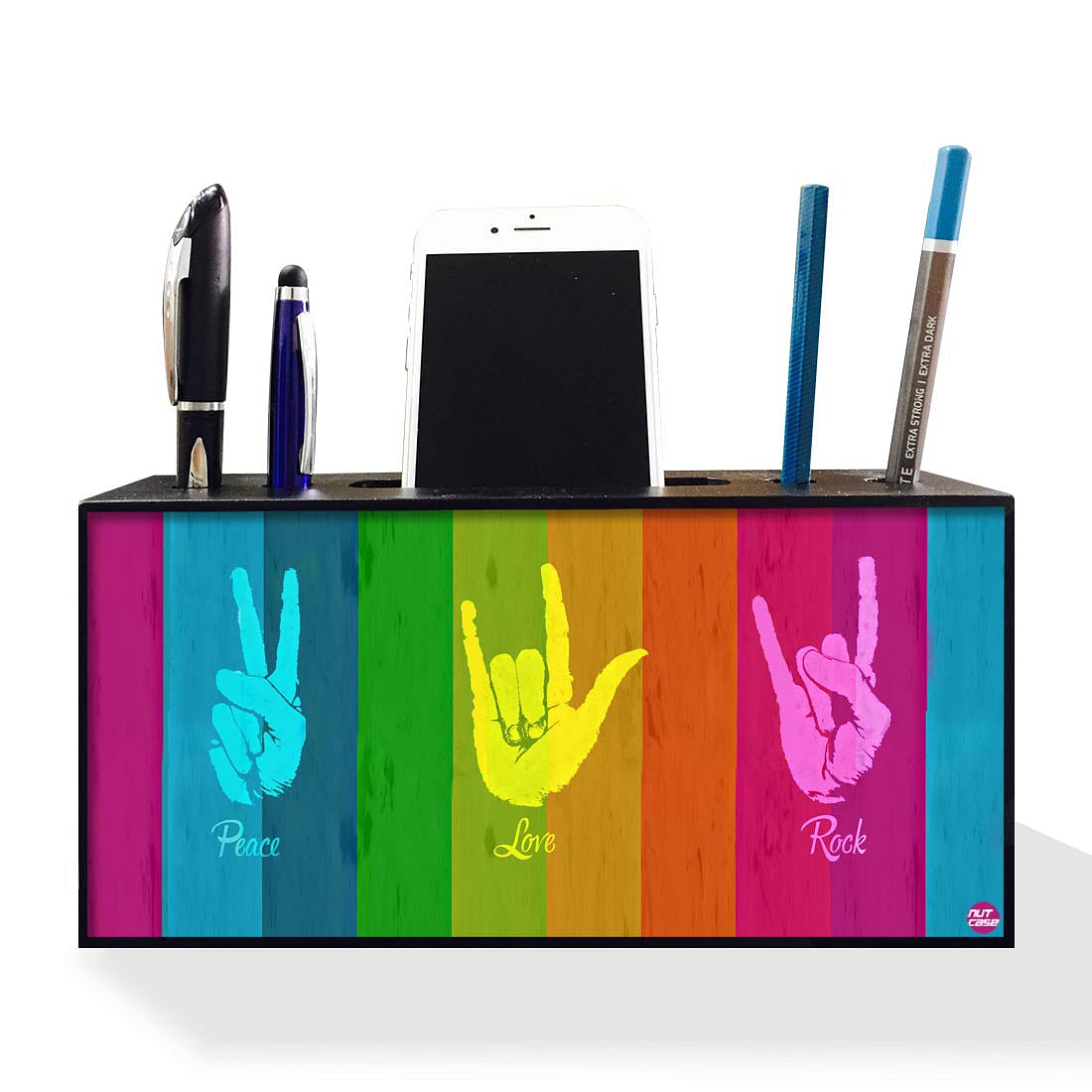 Pen Mobile Stand Holder Desk Organizer - Peace Love Rock Nutcase