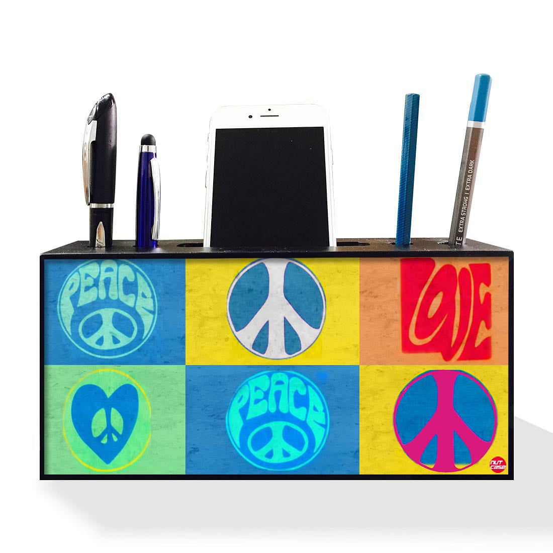 Pen Mobile Stand Holder Desk Organizer - Retro Peace Love Nutcase