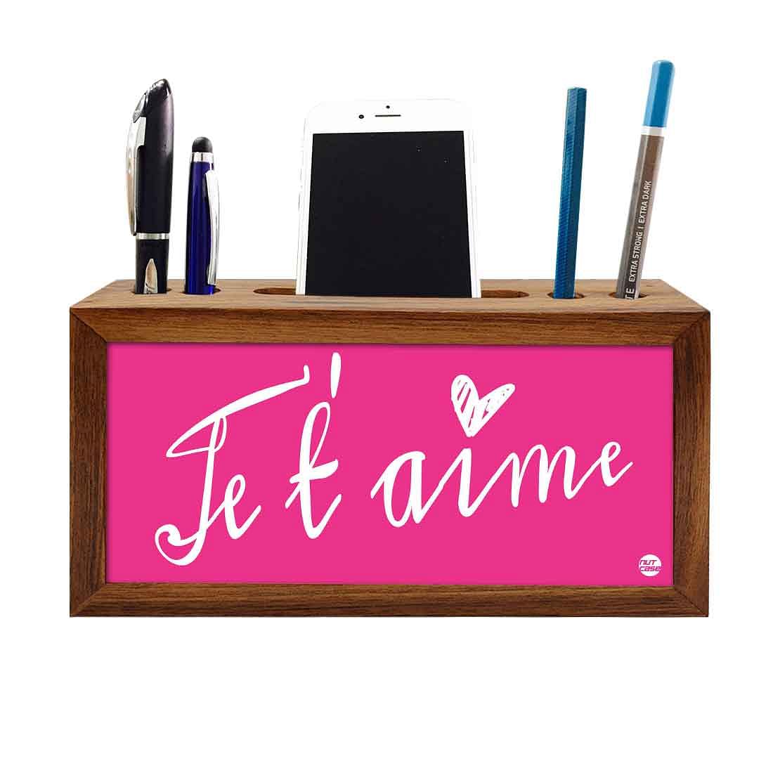 Wooden Phone and Pen Holder Table Organizer for Office - Je t'aime Nutcase