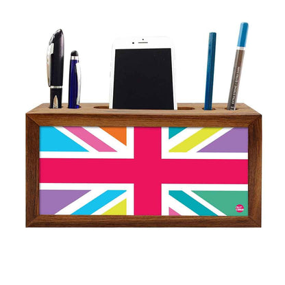 Wooden desk caddy Pen Mobile Stand - Multicolor Union Jack British Flag Nutcase