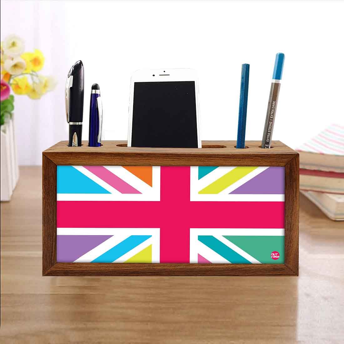 Wooden desk caddy Pen Mobile Stand - Multicolor Union Jack British Flag Nutcase