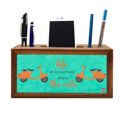 Wooden desk organizer Pen Mobile Stand - Life Is A Journey Nutcase