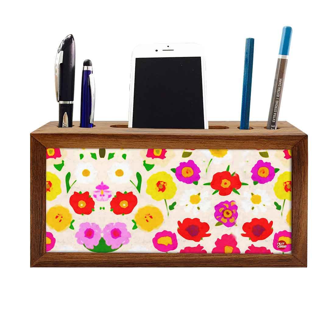 Wooden Table Organizer Pen Mobile Stand - Pretty Little Flowers Nutcase